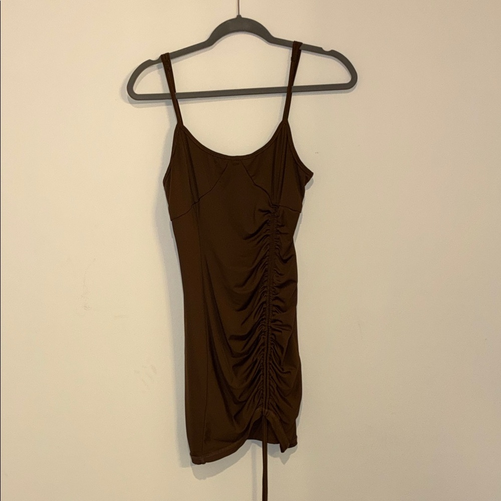 Fashion Nova Brown Ruched Spaghetti-Strap Mini Dress